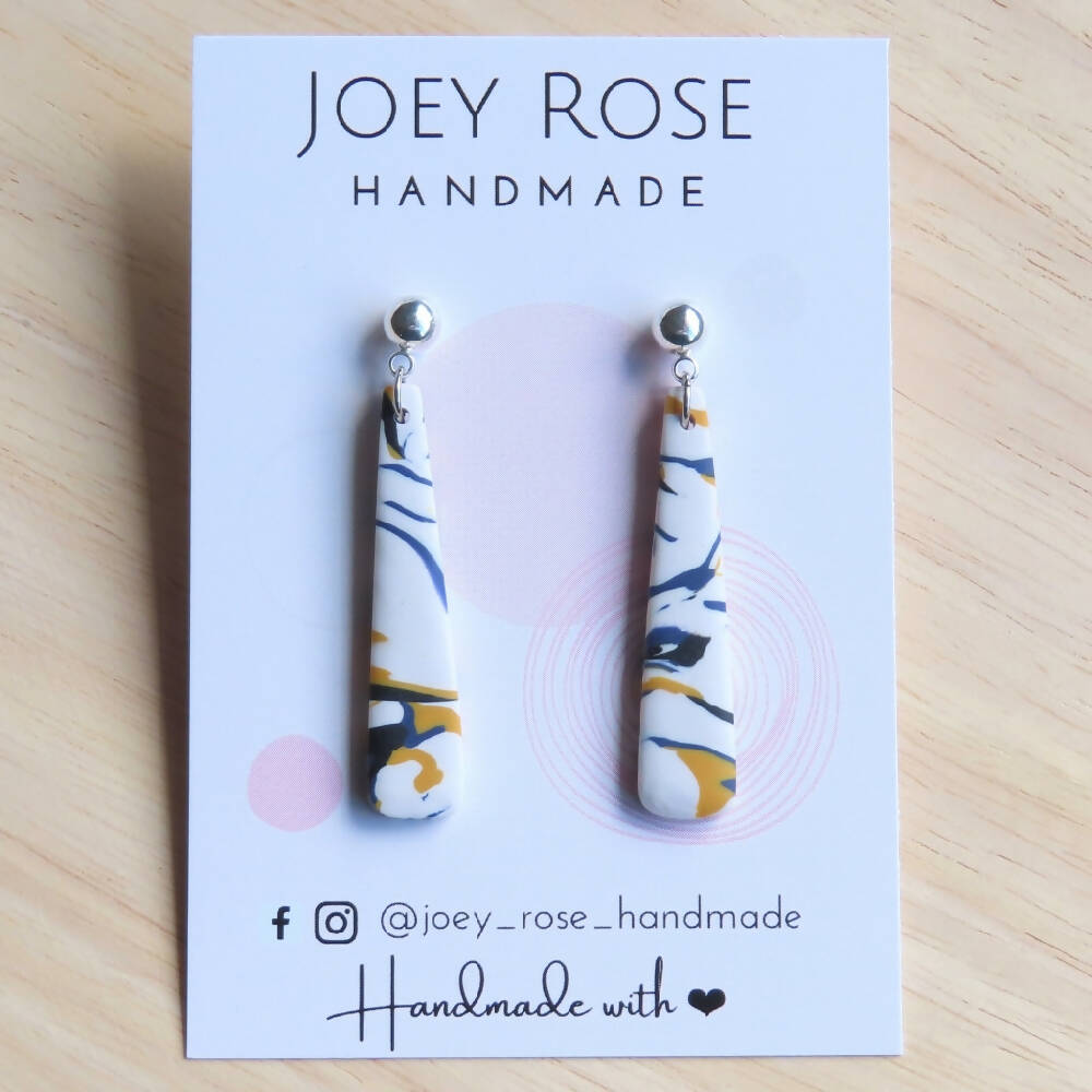 MELINDA ~ Cream, Mustard and Navy Marbled ~ Polymer Clay Earrings
