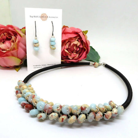 Imitation Sea Jasper Wire Wrapped Beaded Necklace Earrings Set