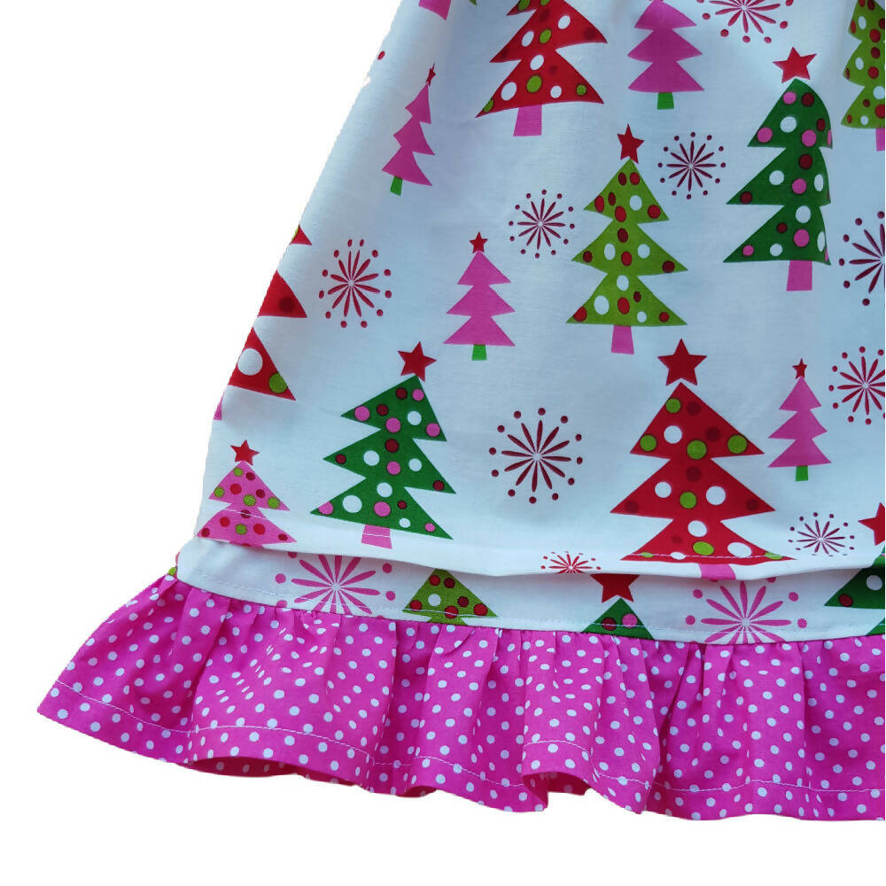 Girls Christmas Tree Print Dress with Ruffle Hem | Size 1