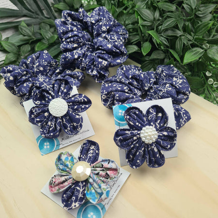 Cream Vine Blue - Scrunchie & Flower Clip - Fabric Hair Accessories