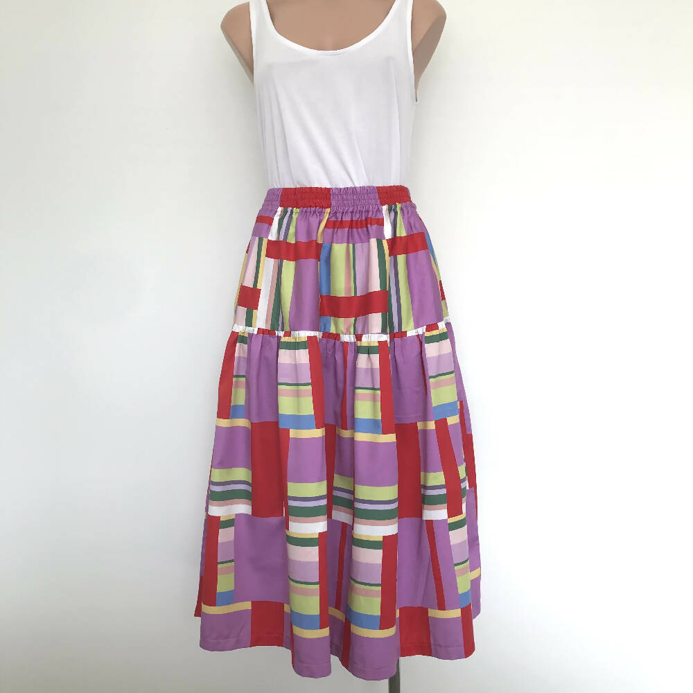 Tiered Skirt - Pastel Stripes with Red