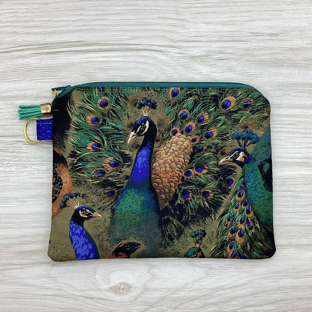 Peacocks Zip Pouch (21cm x 16cm) Fully lined, lightly padded