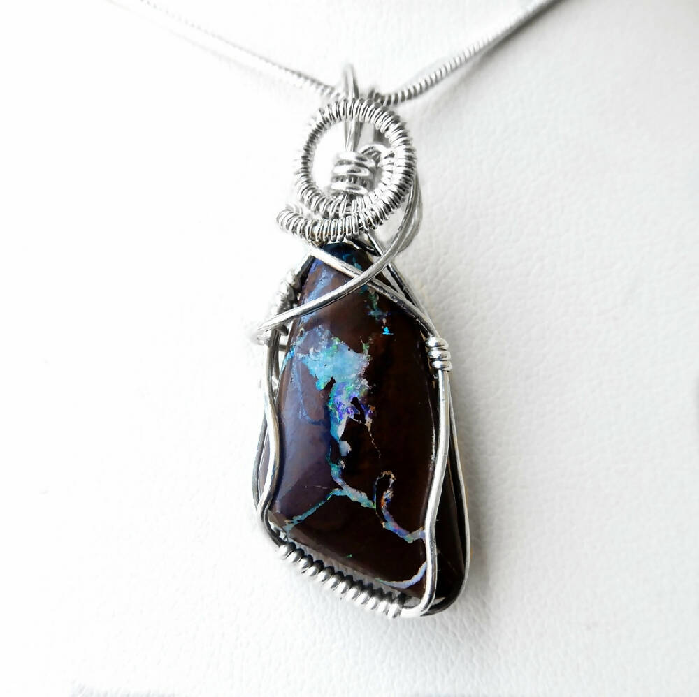 Solid Boulder Opal pendant, Sterling silver wire wrapped necklace