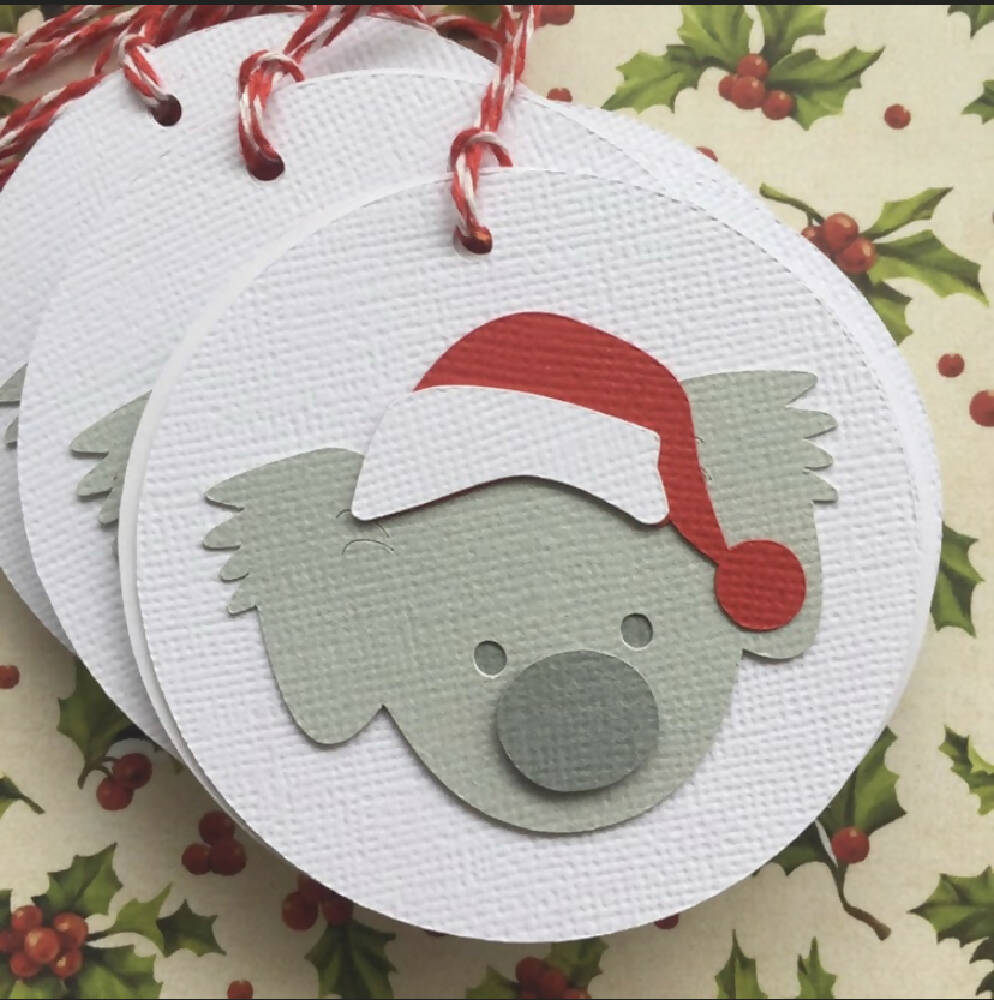 Christmas Koala gift tags. Koala and Santa hat. Aussie Xmas.