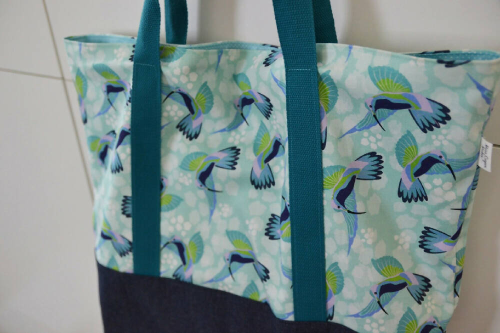 Tote Bag for Shopping/Market/Beach – Hummingbirds (Blue) + Denim