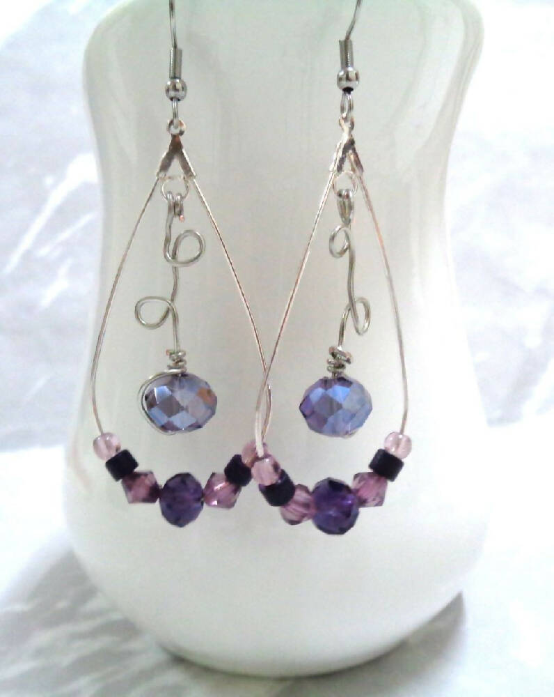 Silver Hoop Earrings - Purple Beads - Ladies