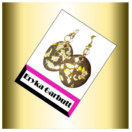 Dangle earrings. Black Polymer clay and gold leaf.