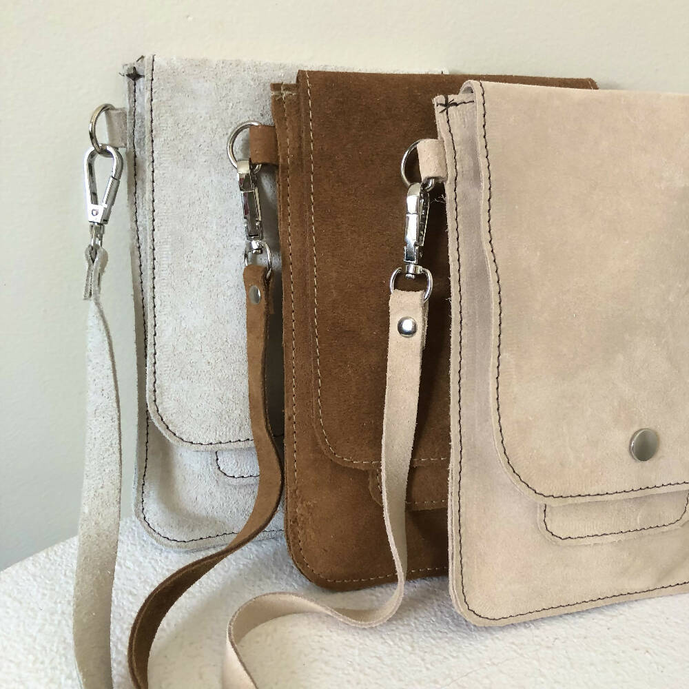 Phone Sling Pouch in Light Grey Suede Leather