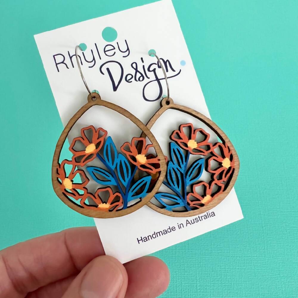 Orange Flower Earrings, Pretty Handpainted Wooden Flowers