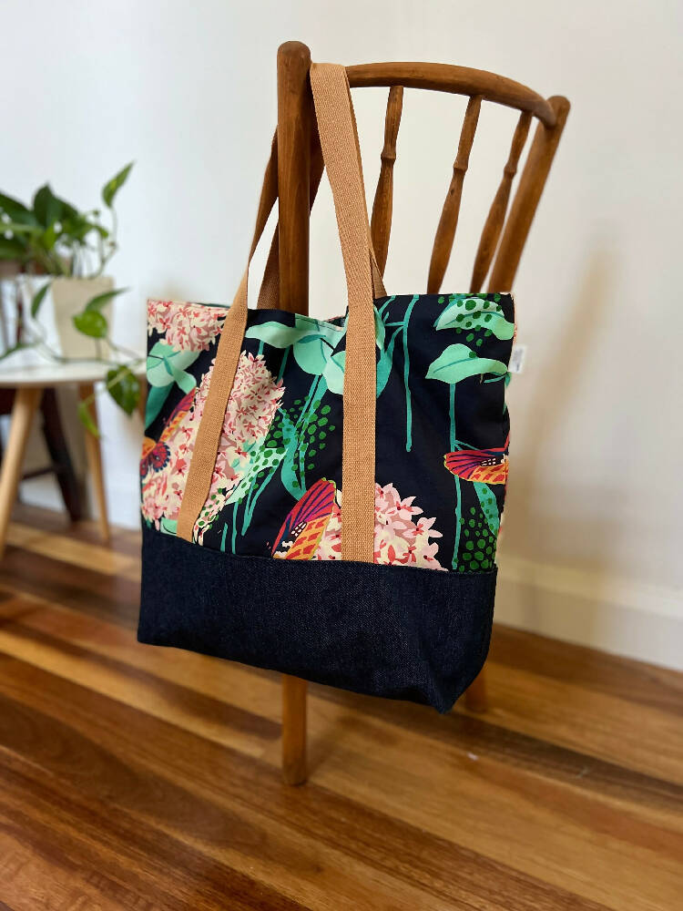 Tote Bag for Shopping/Market/Beach – Dreamer Hydrangea in Dark Blue + Denim