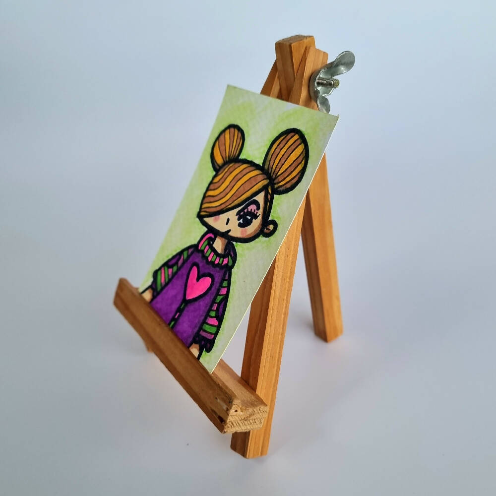 Greta with a big heart - ACEO Original Ink and watercolor on Watercolor Paper