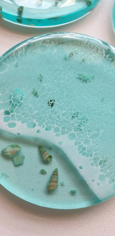 Full Resin Coasters with Shells and Frothy Wave (Set of 4)