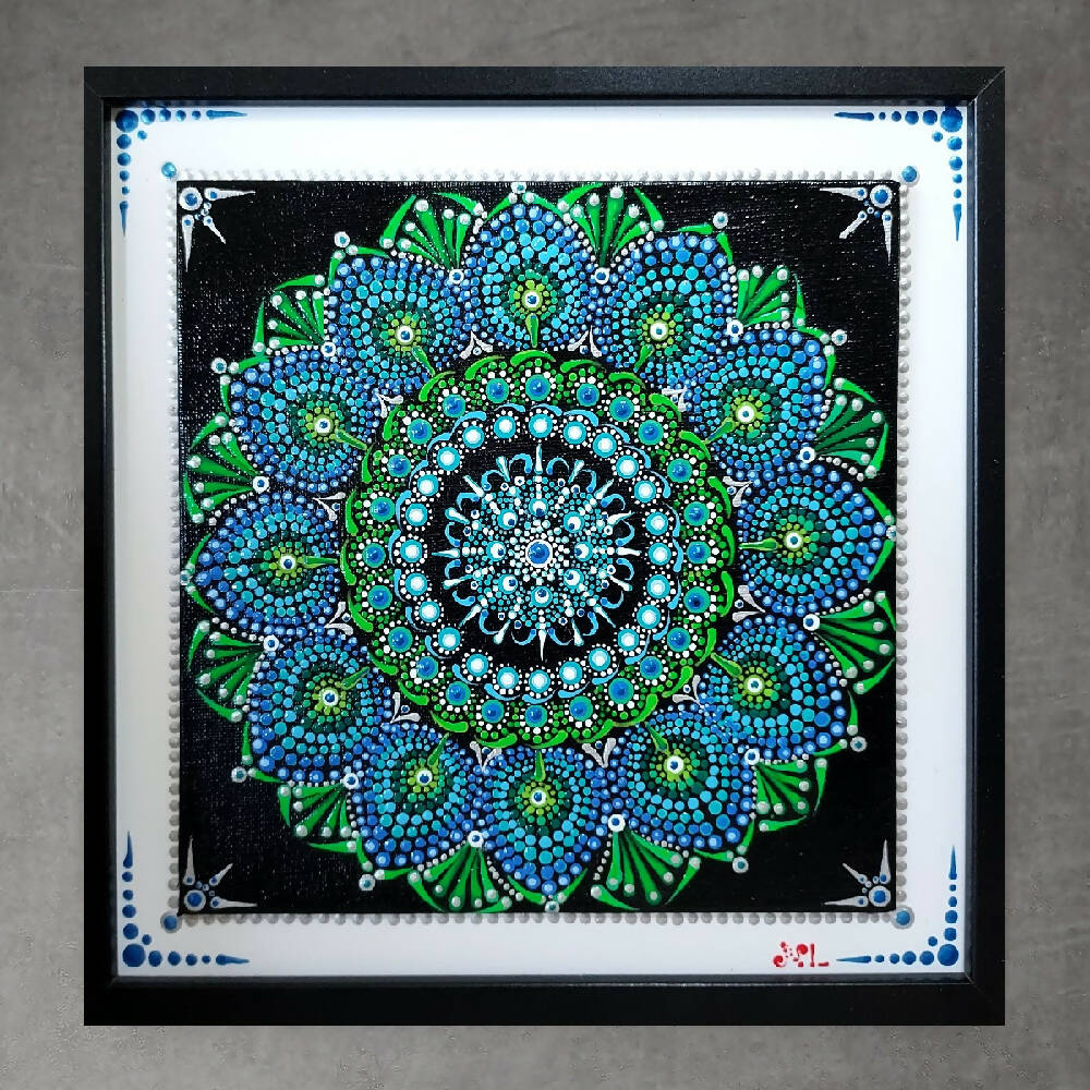 Framed Dot Art called "Blue Dahlia".