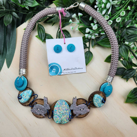 Easter Rabbit - Button Fusion Necklace - Button Jewellery with Earrings