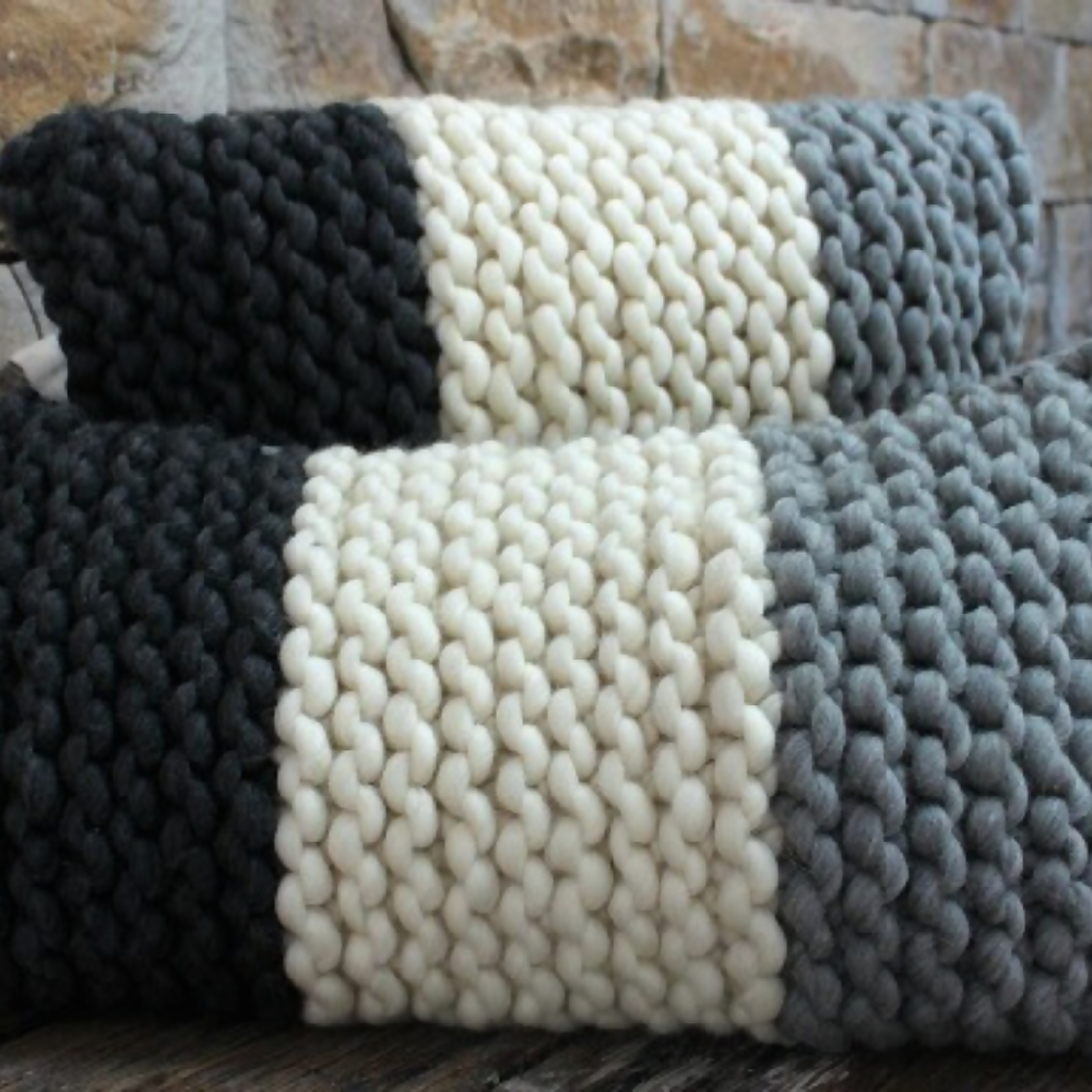 Extreme knit cushion cover. Grey panelled cushion .Big Knitting Cushion.