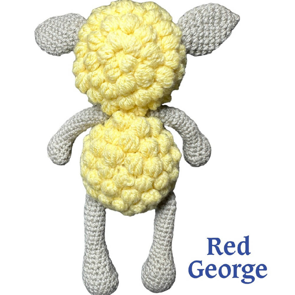 Red George of Kensington crochet toy lamb, sheep, black, yellow, white, cream, beige