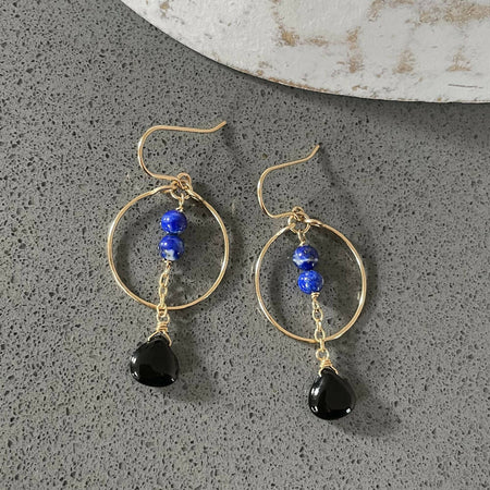 14K Gold filled onyx and lapis lazuli gold earrings