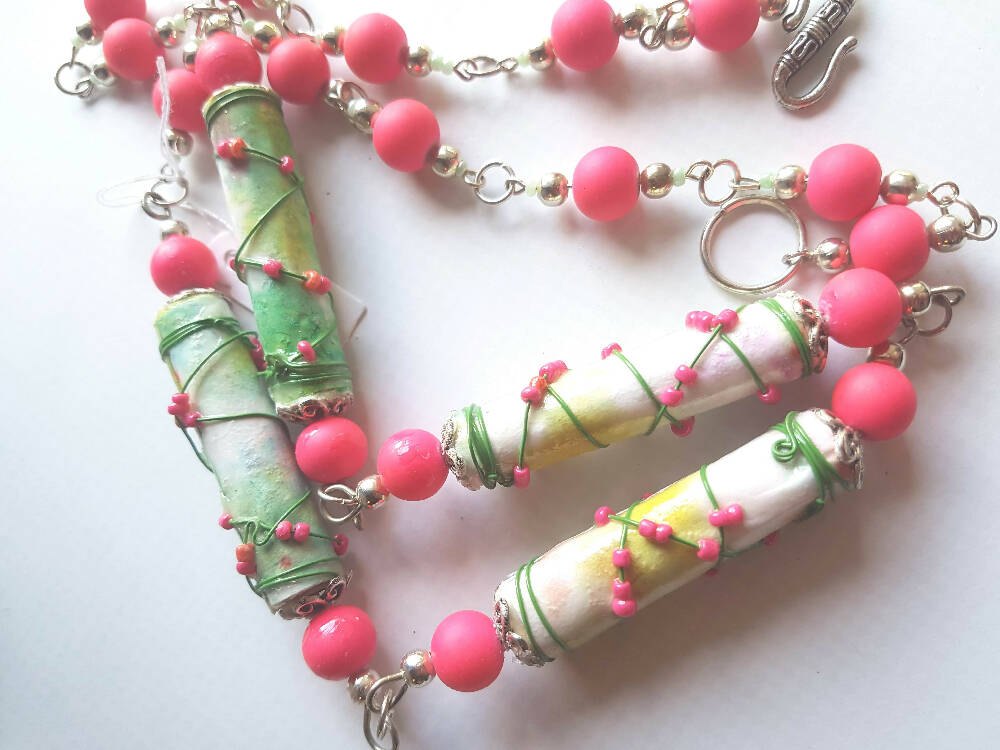 Beaded necklace. Paper bead wire wrapped paper beads.