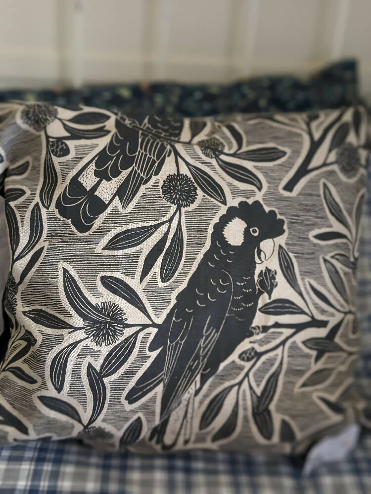 ORDER-Black cockatoo cushion cover, hand screened