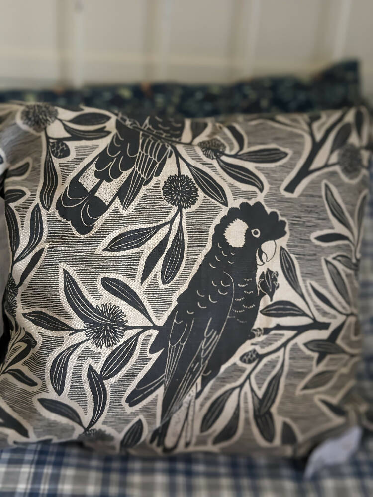 Black cockatoo cushion cover, hand screened