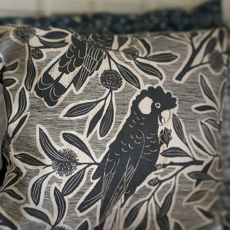 Black cockatoo cushion cover, hand screened