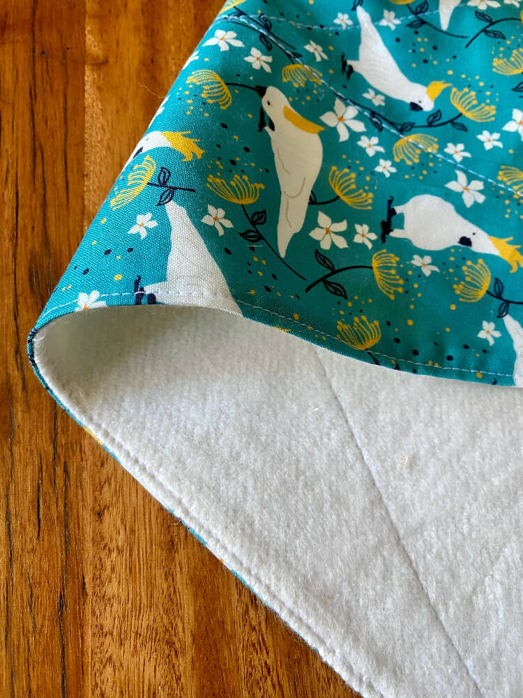 burp cloth - cockatoos turquoise / organic cotton hemp fleece / baby toddler