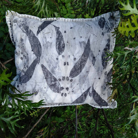 Cushions pair cotton eucalyptus leaf print by hand