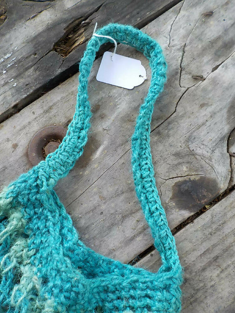 crocheted shopping carry string bag made from blue hemp