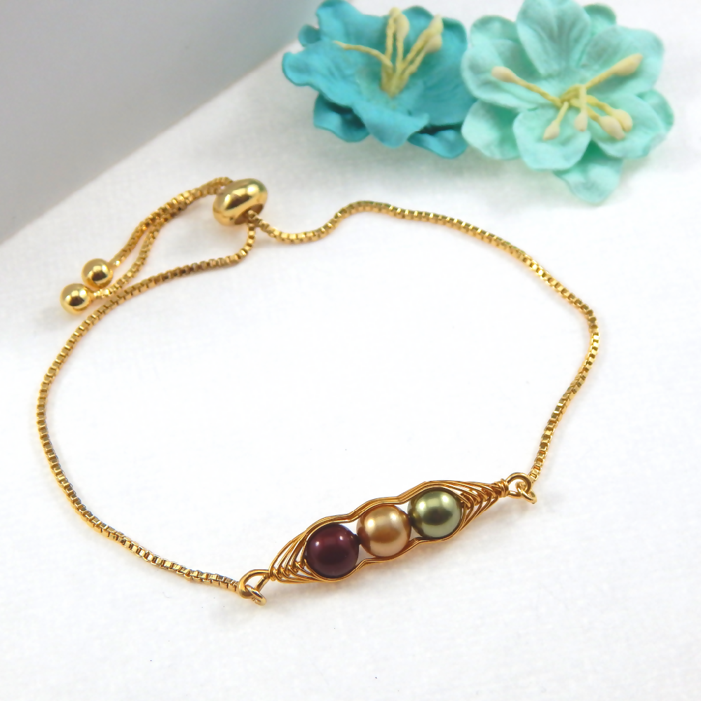 Peapod Birthstone Friendship Bolo Bracelet,Silver Gold Rose Gold