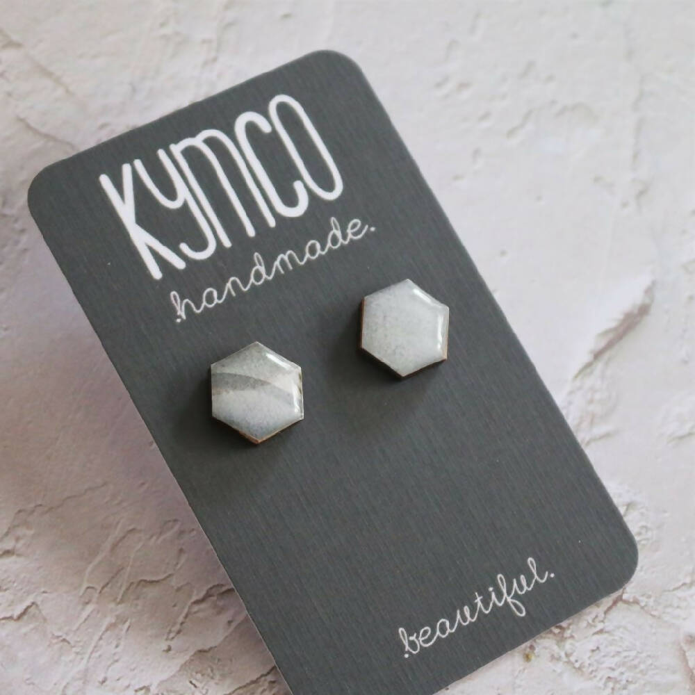 The Onyx Collection | Resin Studs Hexagon Earrings| Silver on Black