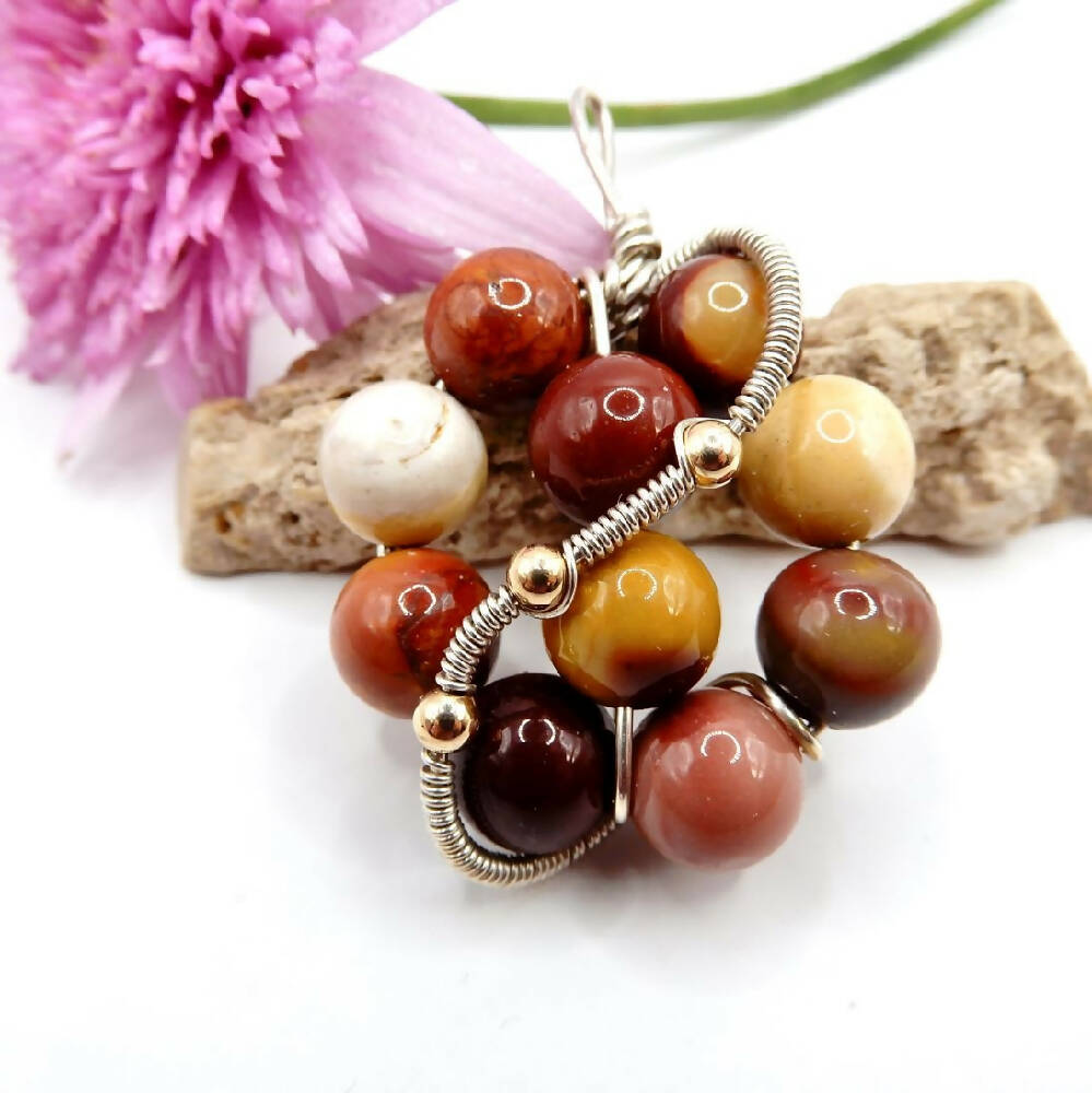 Large Australian Mookaite beads pendant silver gold wire wrapped