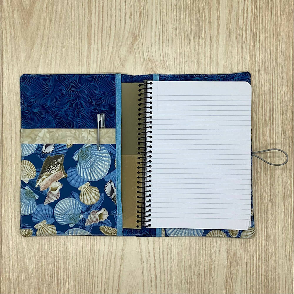 Seashells refillable A5 fabric notebook cover with bonus book and pen.