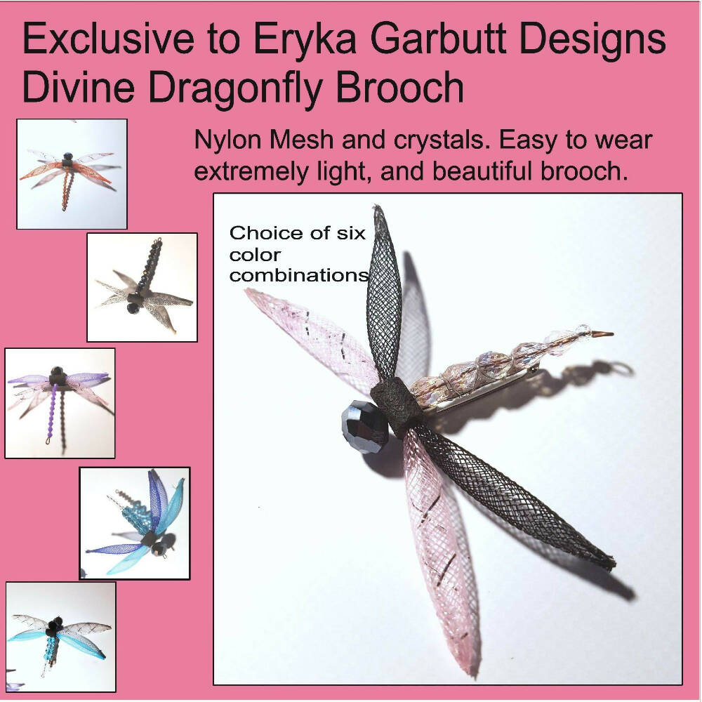 Brooch shawl hat pin. Dragonfly, nylon mesh and crystals.