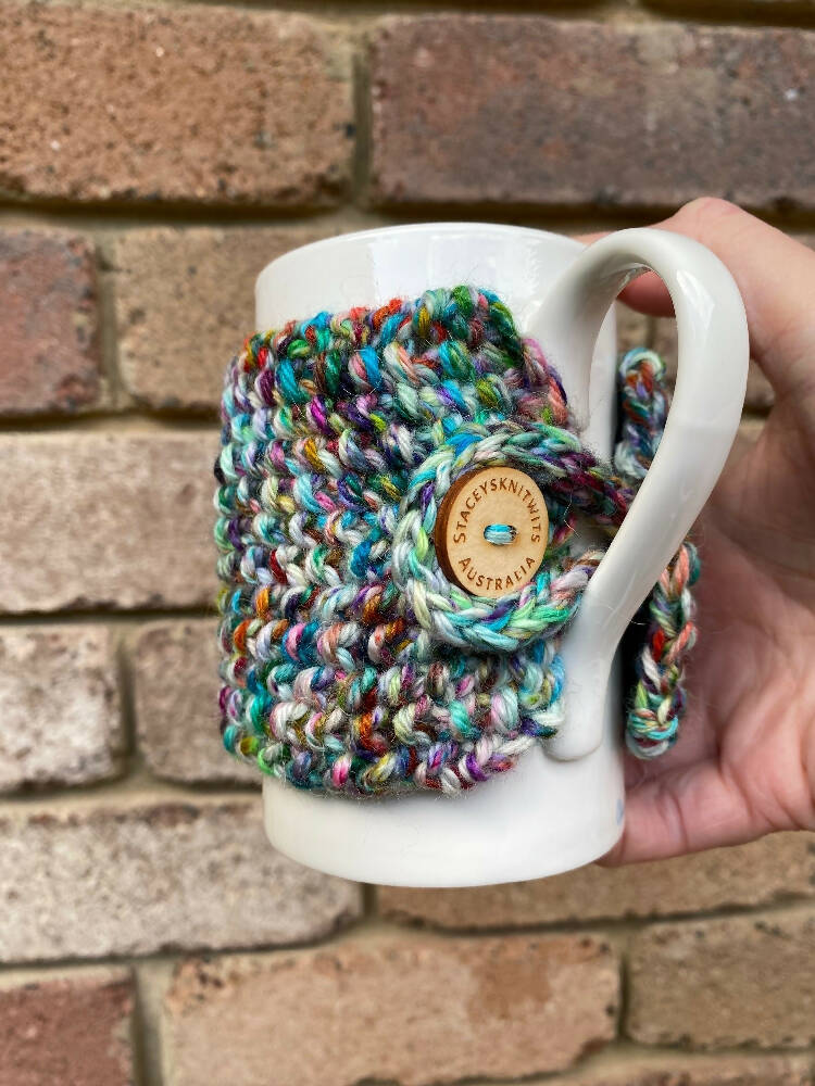 Hand Knitted Cup Cozy, Cup Cozy, Rainbow Mug Rug