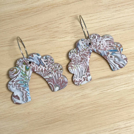 Polymer Clay Earrings Multicoloured Fancy Arch Dangles - Mokume Gane