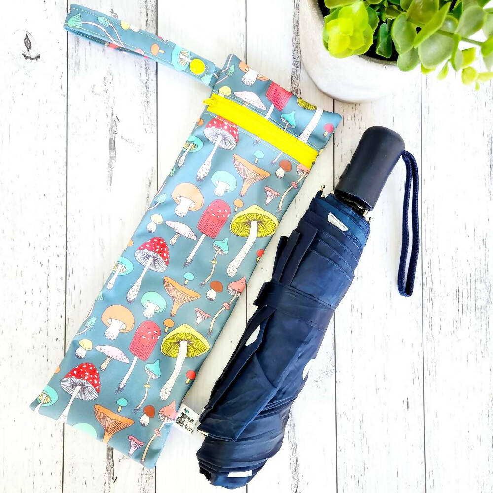 Umbrella Bag, Waterproof Reusable Zip Bag, Mushrooms, Fluro Yellow Zip