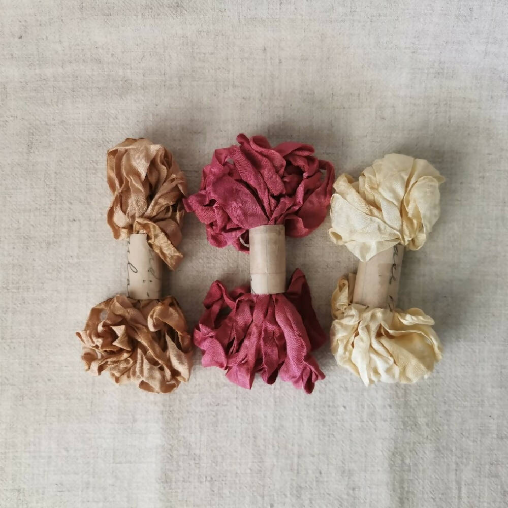 5m x 3 Hand Dyed Crinkled Seam Binding Ribbon - Cream, Wine & Toffee