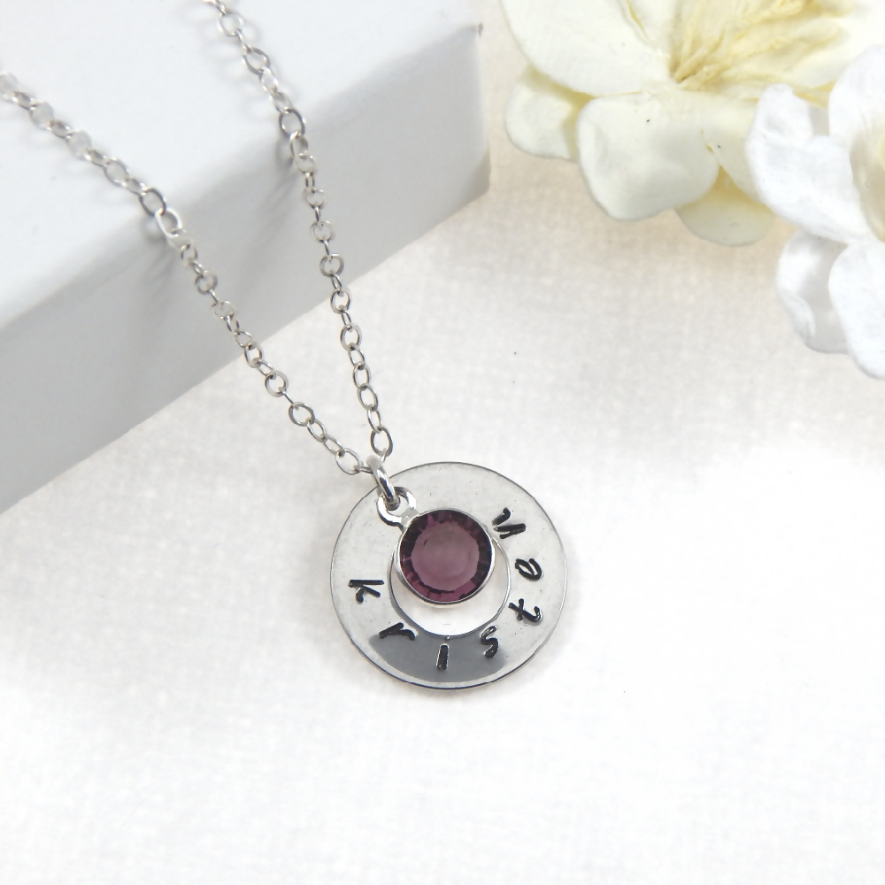 Hand Stamped Silver Washer Personalized Name And Birthstone Necklace
