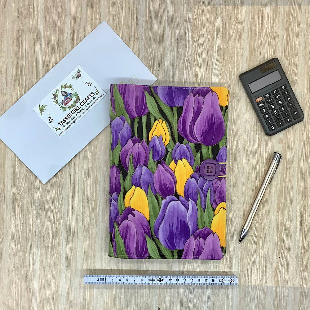 Purple Tulips refillable A5 fabric notebook cover gift set - Incl. book and pen.