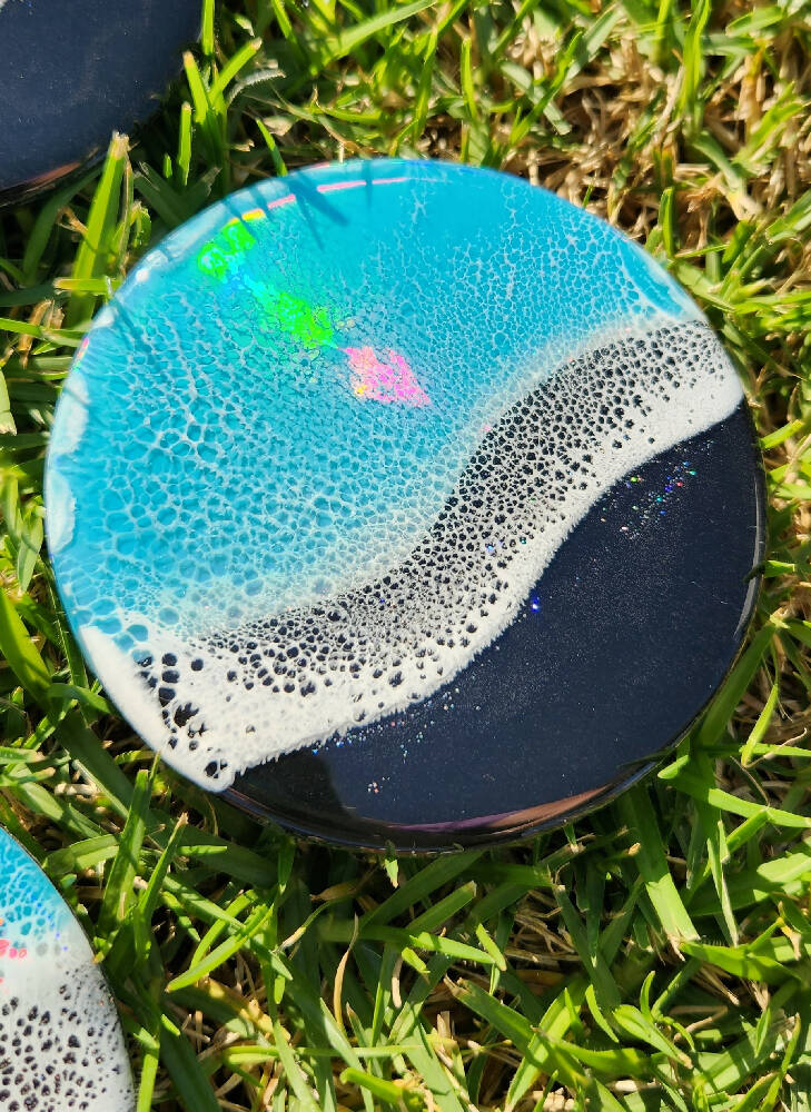 Holographic Black Beach Coasters with Frothy Wave (Set of 4)