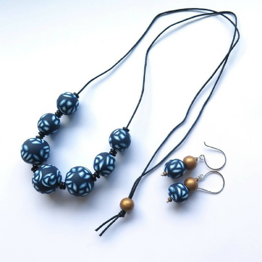 Navy Rose Beaded drop sterling and polymer clay earrings