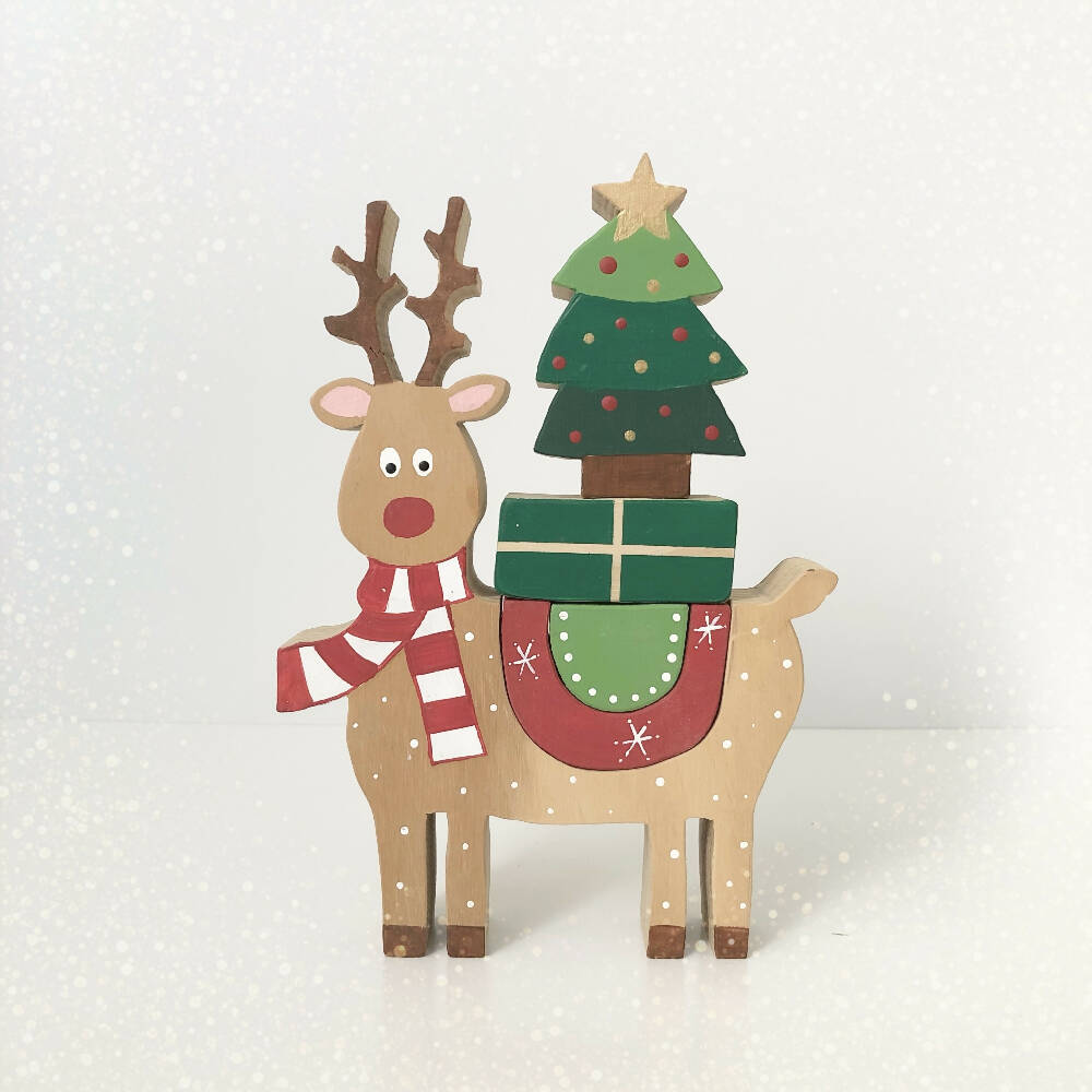 Wooden Ralph Reindeer Christmas Stacker with Rainbow Coat.