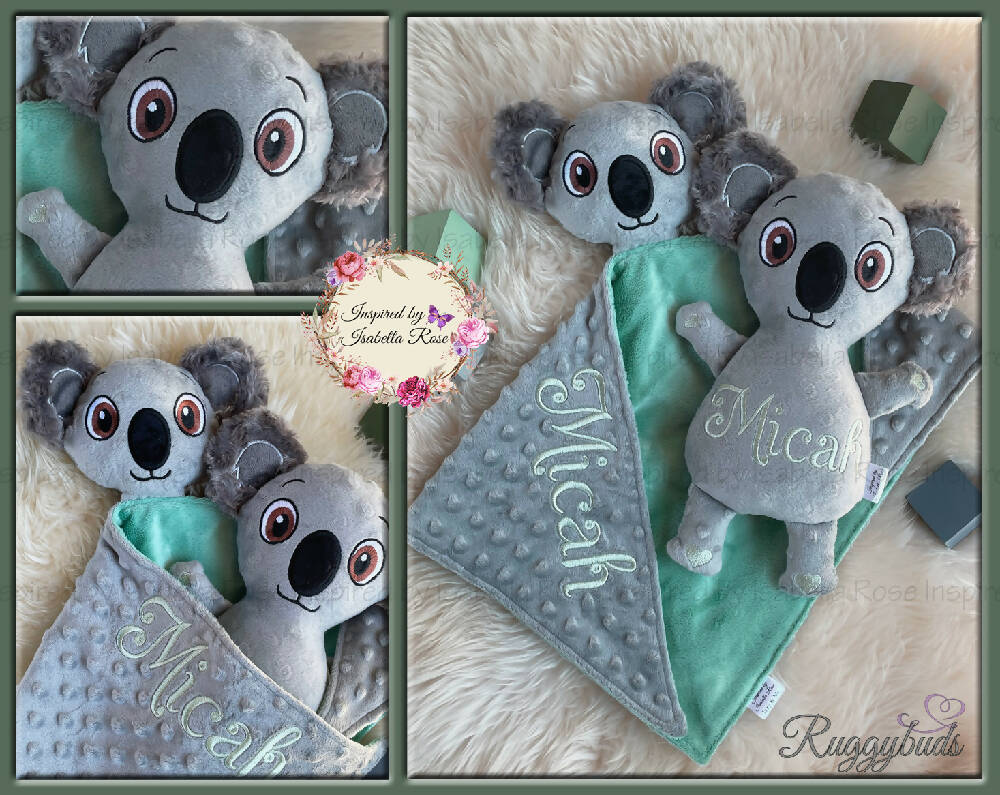 Baby comforter, Embroidered name, Koala themed Ruggybud, Made to order