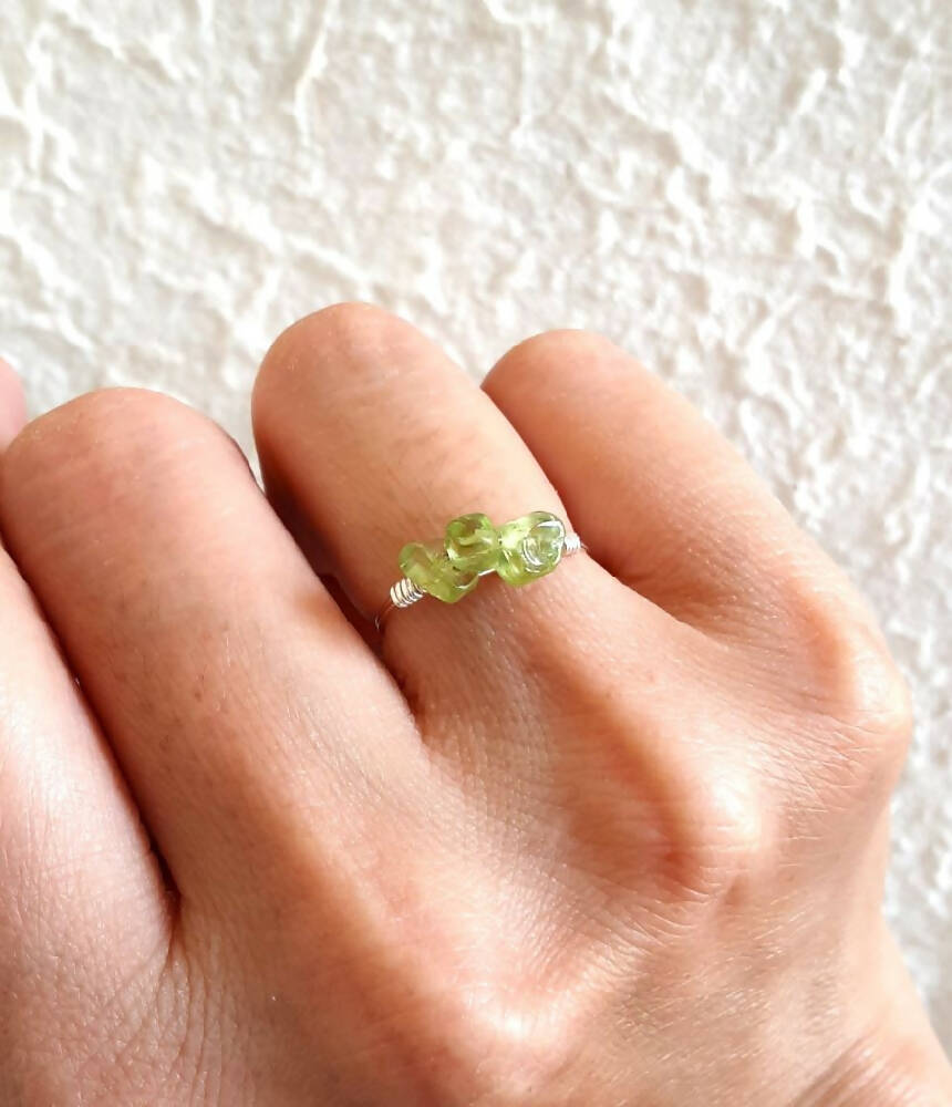 Dainty small Natural gemstone chip wire wrap ring , Turquoise Peridot Moonstone Apatite