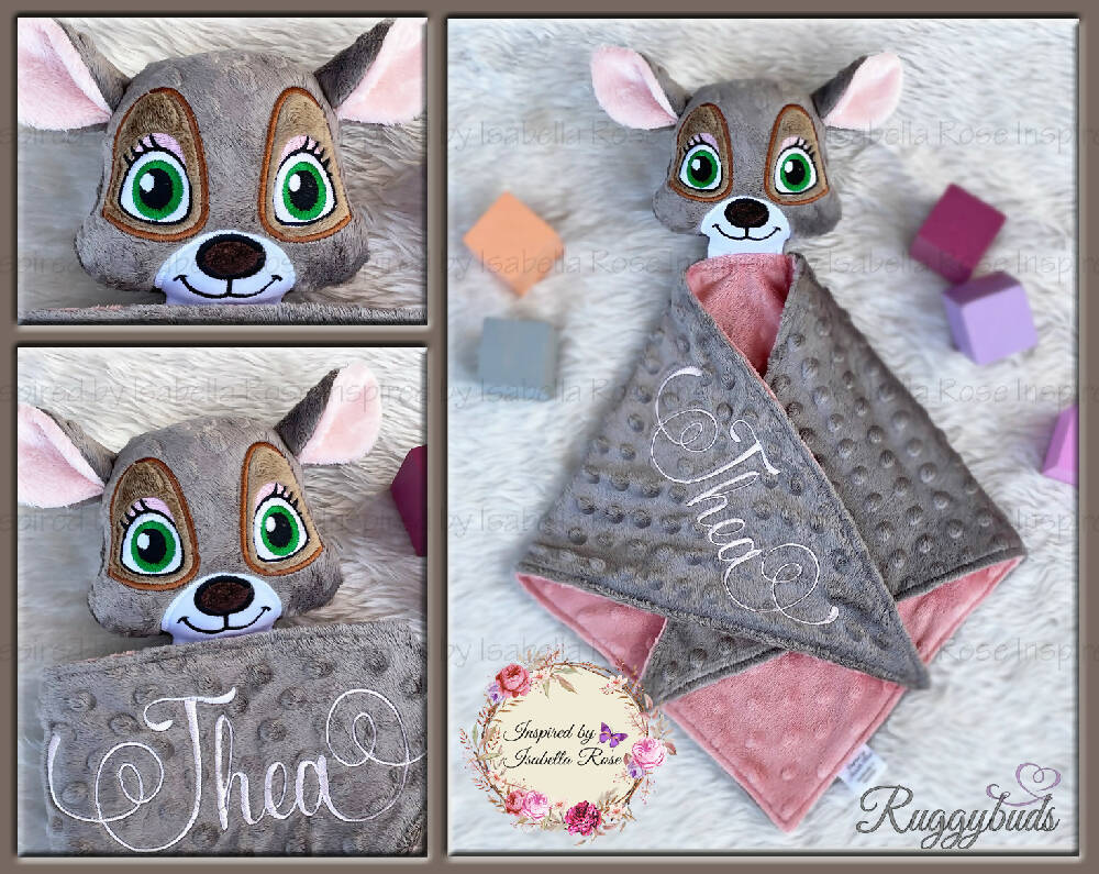 Baby comforter, Embroidered name, Deer themed Ruggybud, Made to order