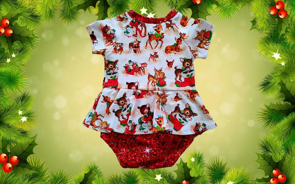 Xmas, Baby Girls Stretch, Vintage Reindeer Peplum Onesie, Size 1