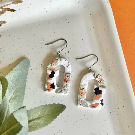 Arch Polymer Clay Earrings with a Calico Cat and Flowers
