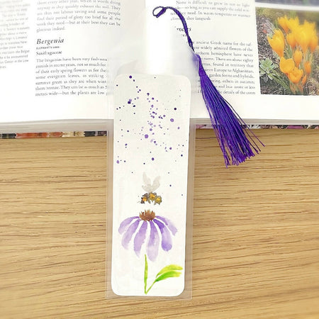 200x60mm Hand-Painted Watercolour Bookmark - Bee on Purple Flower