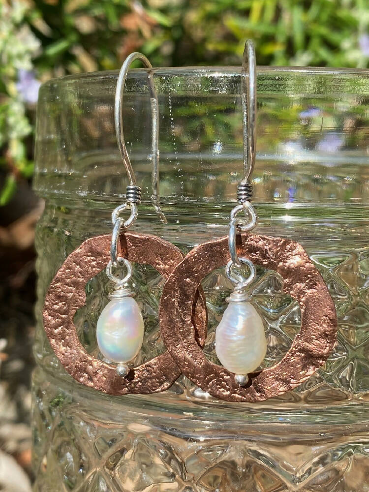 Hammered Copper and Natural Pearl Earrings in Sterling Silver