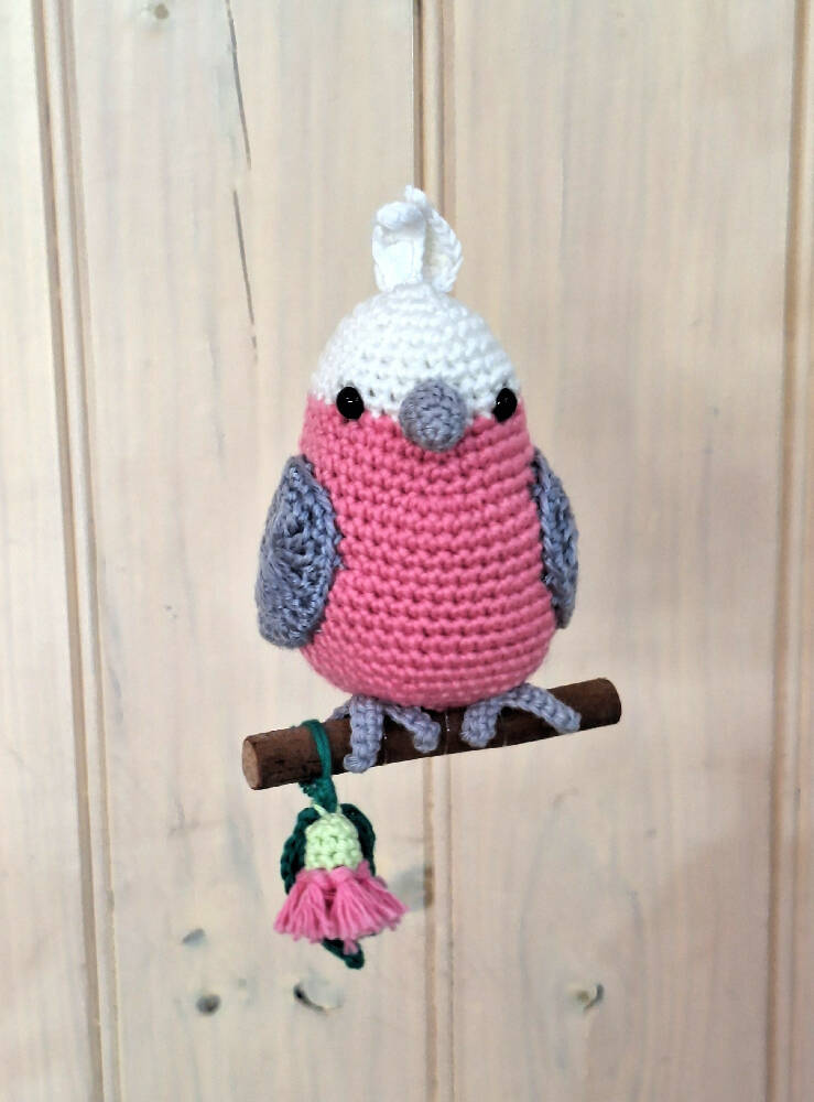 Hand crocheted pink galah room decoration or toy
